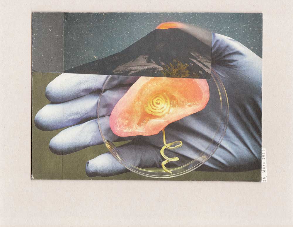 Collage auf Hand mit Gummihandschuh Stammzellen Ohr der Daumn ein Vulkan