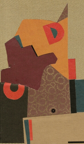 hellbrauner Bucheinband mit kubistischen Formen, schwarz, weinrot, ocker blau und drei roten Buchstaben D, I, C