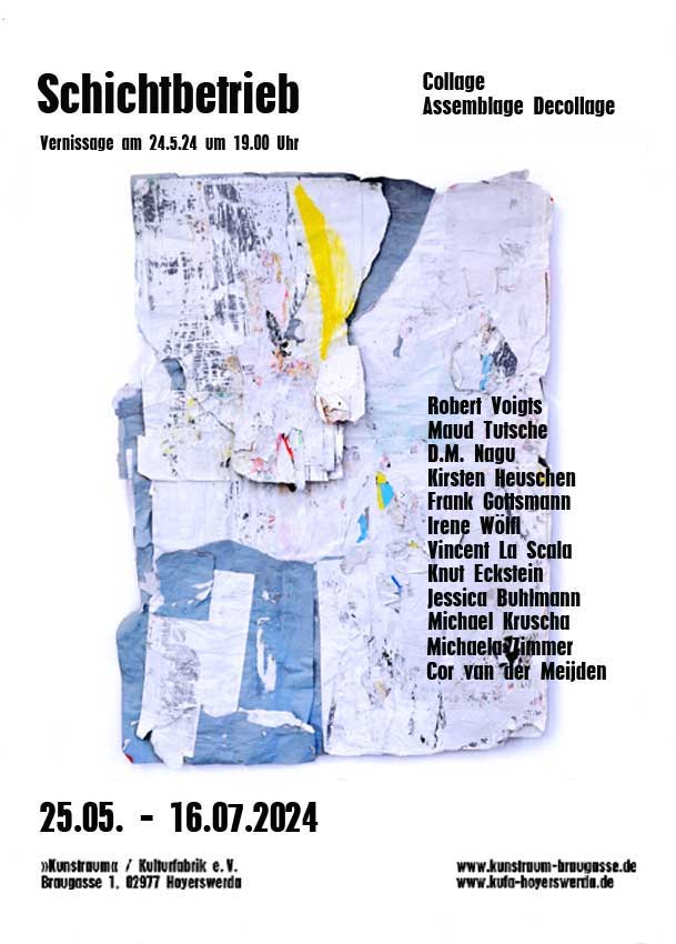 Plakat Titel Schichtbetrieb Ausstellung 12 Kuenstler*innen Mai bis Juli Kunstraum Braugasse Hoyerswerda