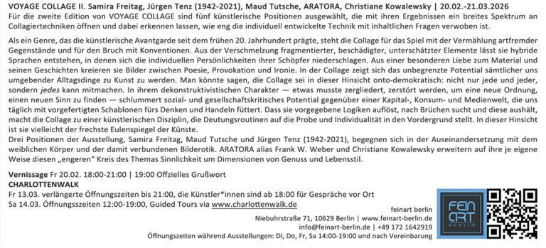 Ausstellung vom 20.Februar bis 31. März 2026 5 Künstler*innen in der Galerie feinart berlin, text zur ausstellung , CHARLOTTWALK