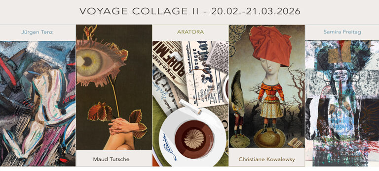 Ausstellung vom 20.Februar bis 31. März 2026 5 Künstler*innen in der Galerie feinart berlin, Abbildungen von Collagen der 5 Künstler zur Ausstellung CHARLOTTWALK